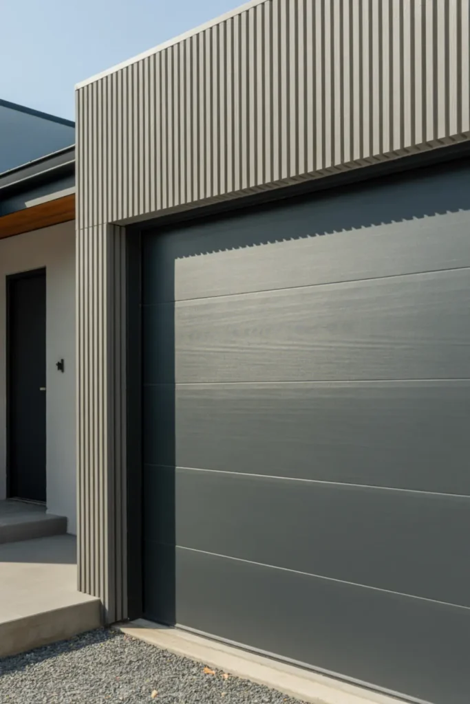 Sleek gray fiberglass garage door with vertical grooves.