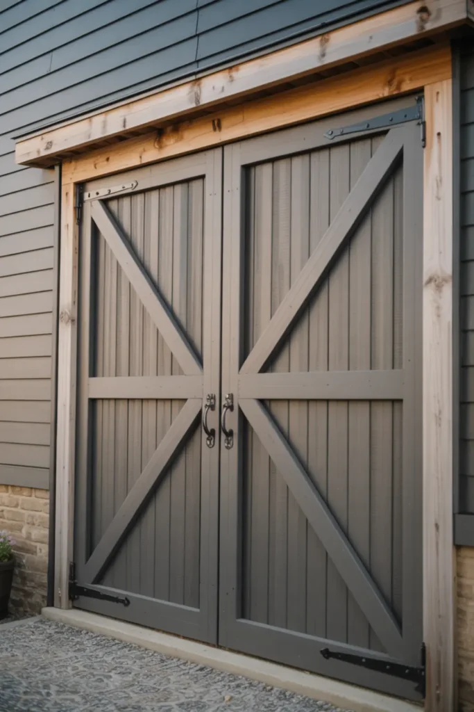 Authentic weathered grey barnwood garage door with black hinges.