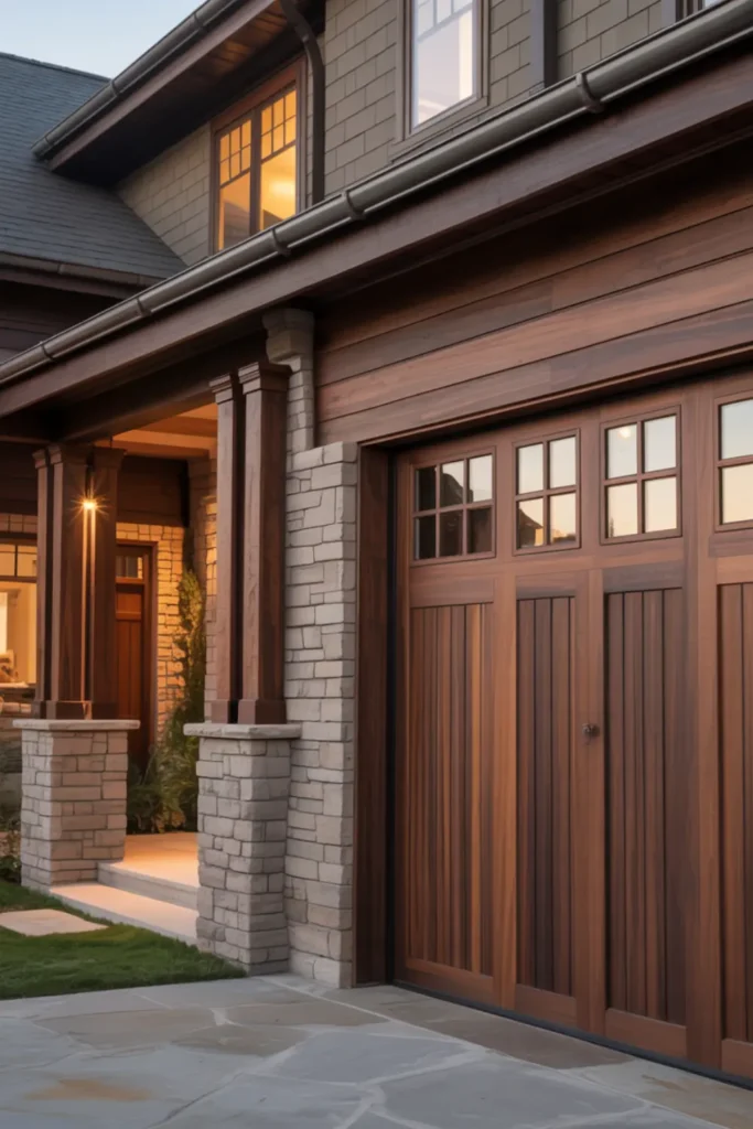 Dark walnut stained wood garage door on a craftsman home.