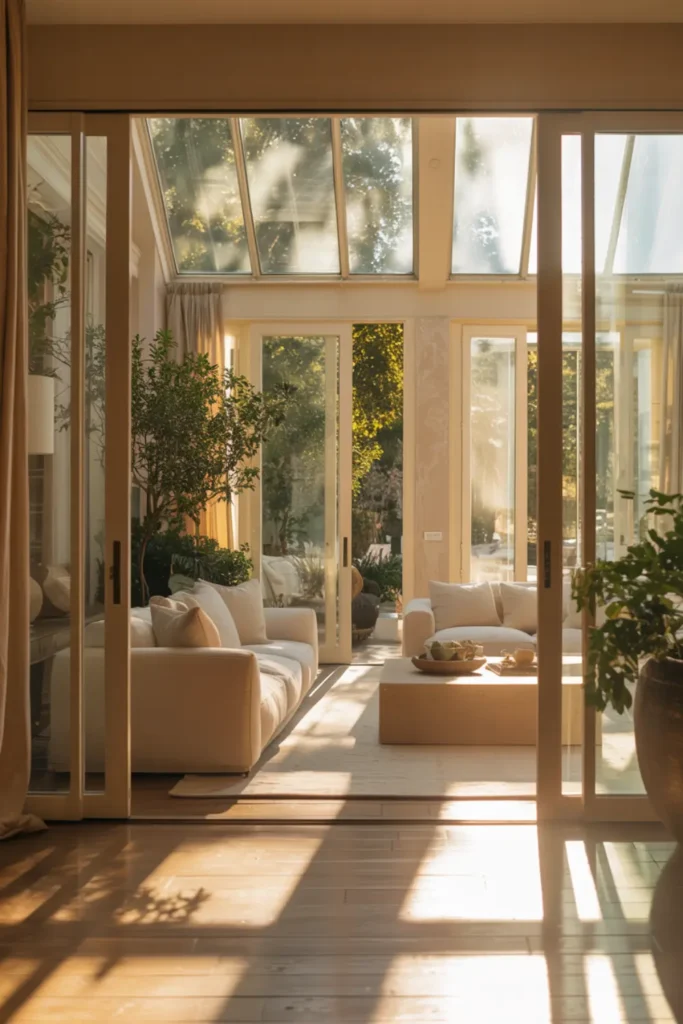 Bright sunroom with floor-to-ceiling glass windows and natural light.