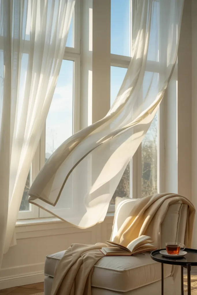 Sheer white curtains in a sunlit room