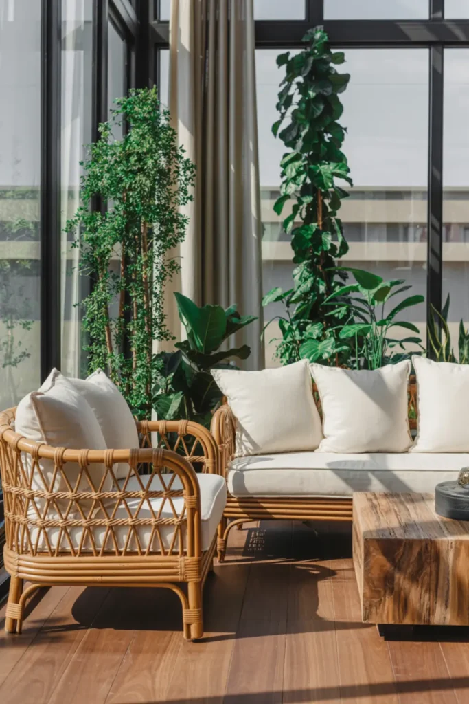 Rattan furniture set in a bright sunroom