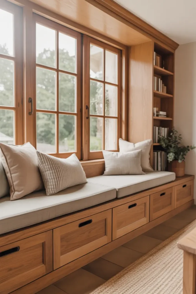 Built-in window seat storage bench in sunroom