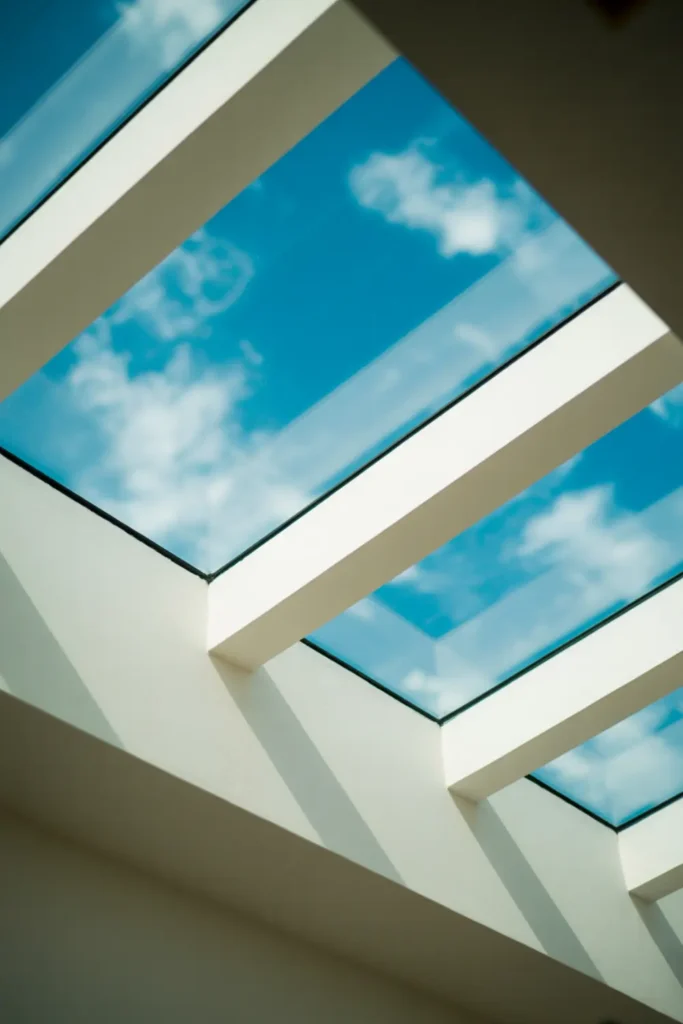 Sunroom with glass skylights on a white ceiling
