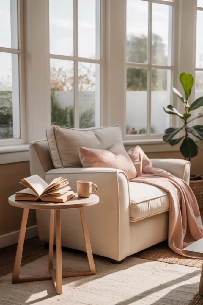 Cozy reading nook with armchair in sunroom corner