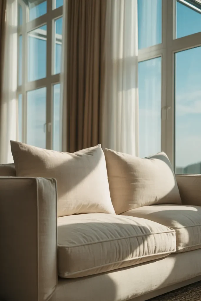 Neutral linen sofa in a bright sunroom
