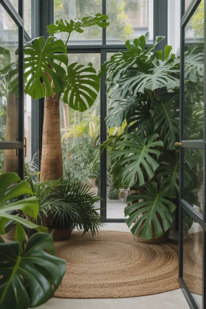 Large tropical indoor plants in a sunroom.