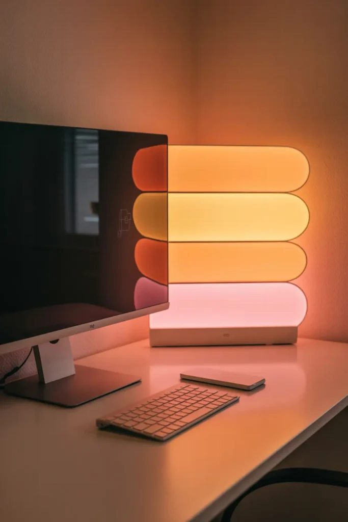 Minimalist desk setup with a sunset lamp projecting orange and pink light on the wall