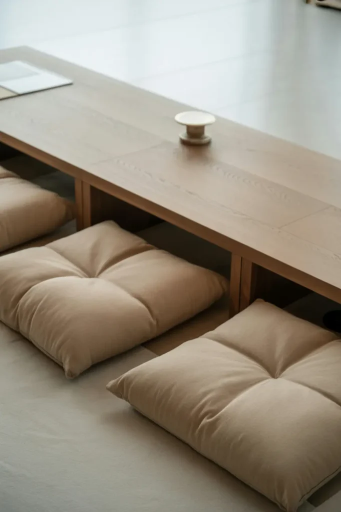 Low Japanese-style wooden floor desk with large beige floor cushions