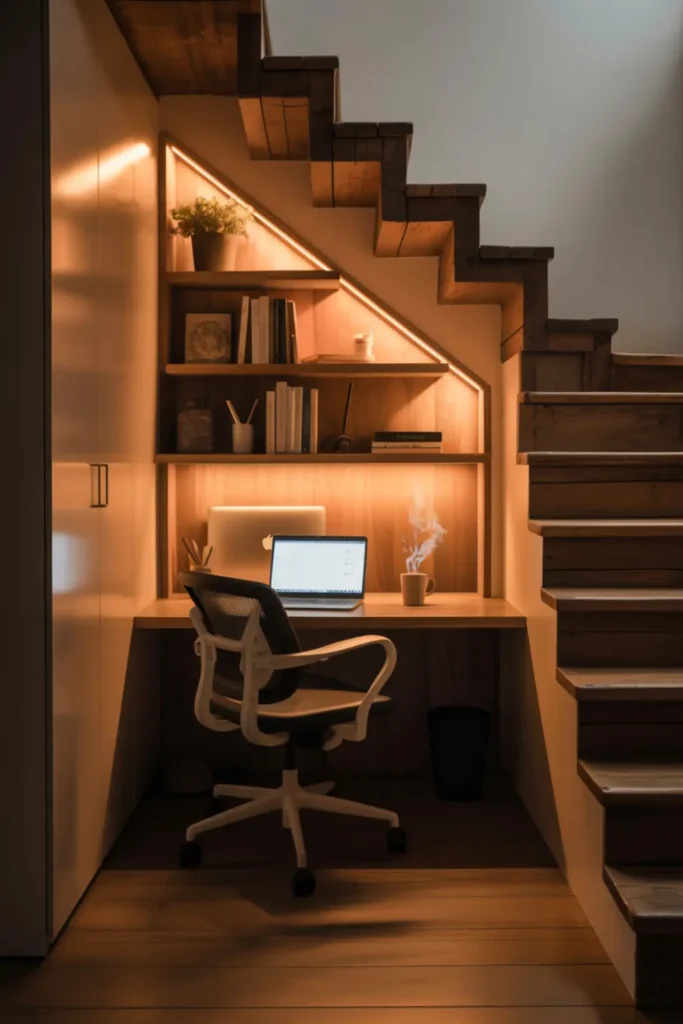 Compact study desk built into the space under a wooden staircase with warm built-in lighting