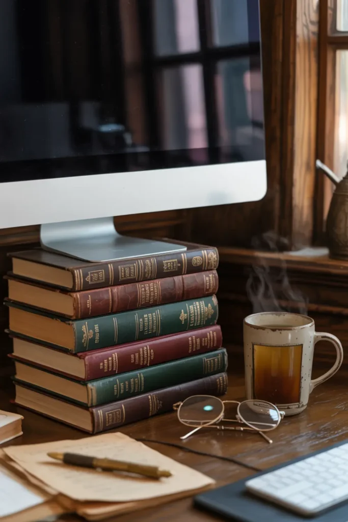 Computer monitor raised on a stack of vintage hardcover books on a cozy desk with a cup of tea