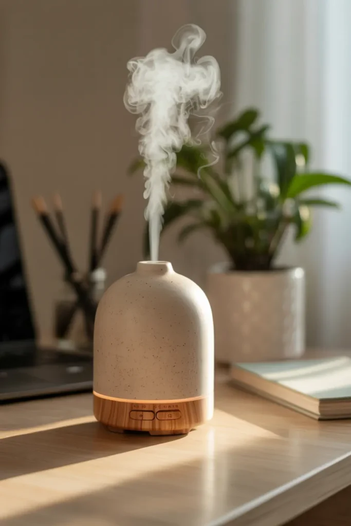 Minimalist desk with a ceramic essential oil diffuser releasing soft mist in calm morning light