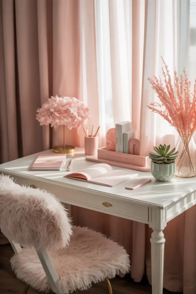 Soft feminine study desk with pastel pink and mint green accents and a fluffy white chair