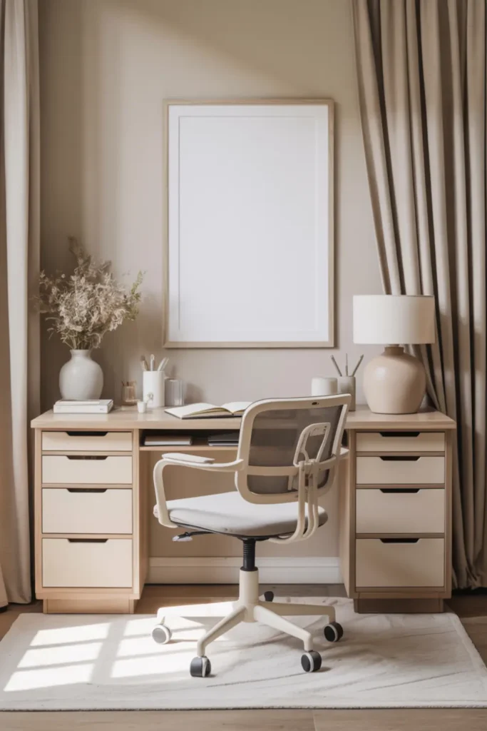 Monochromatic beige and cream study desk setup with a soft neutral chair and lamp