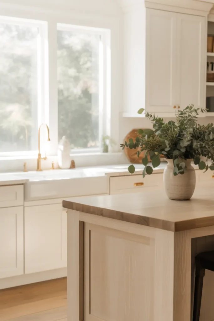 Bright modern farmhouse kitchen with white shaker cabinets and a white oak island.