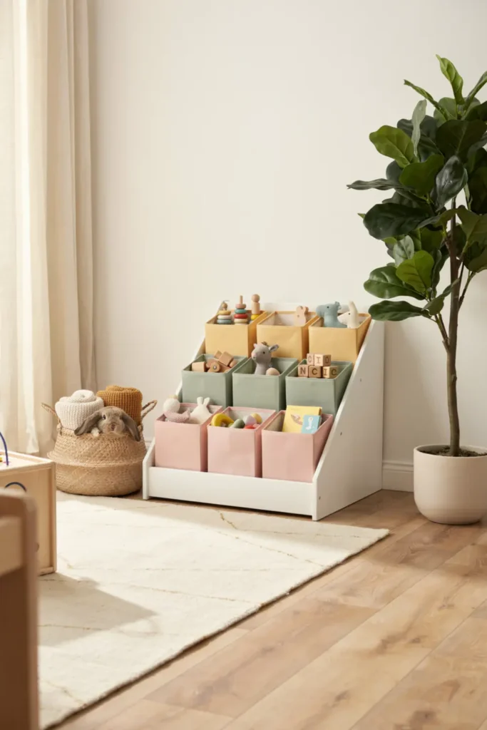 White wooden storage bins organizing kids toys in a bright playroom.