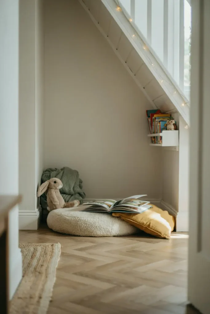 Cozy children's reading nook built under wooden stairs.