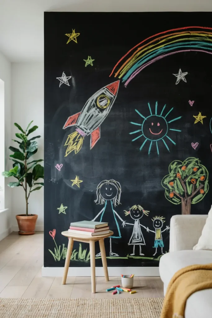 Large black chalkboard wall in a modern kids playroom.