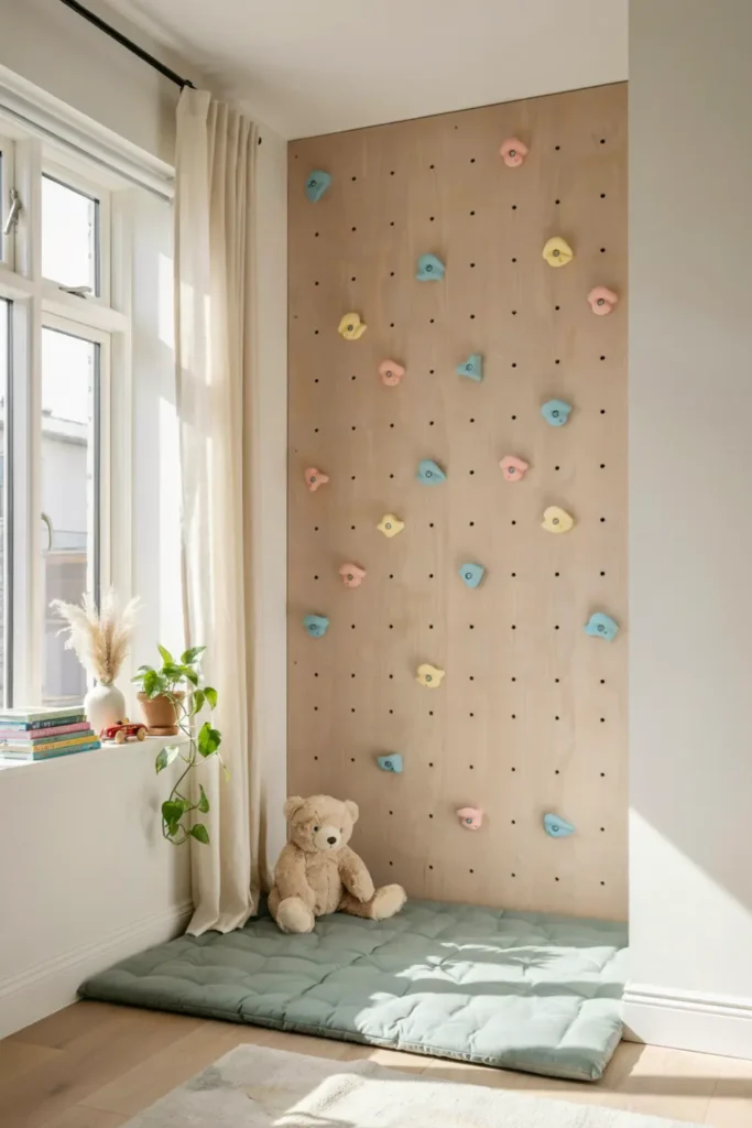 Wooden indoor climbing wall with pastel grips in a kids room.