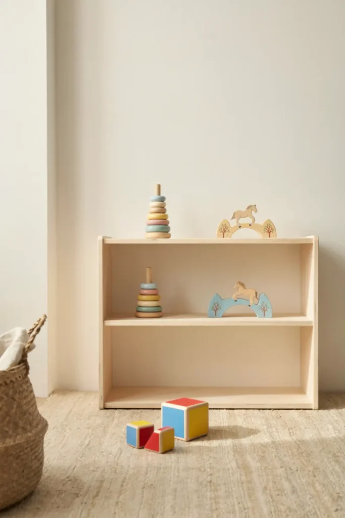 Low wooden open shelving displaying a few wooden educational toys.