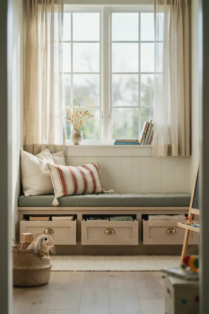 Built-in window seat with storage drawers underneath in a playroom.