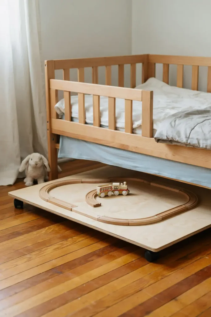 Wooden train table track rolling out from under a bed.