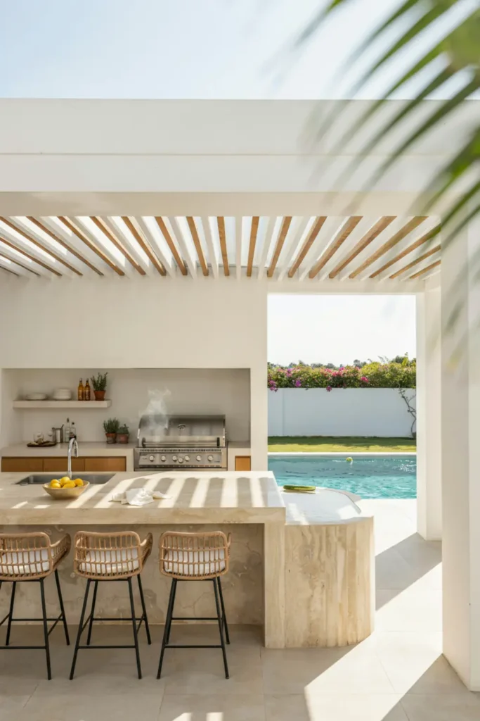 Open-air pool house with outdoor kitchen, sleek stone island, woven bar stools, and a bright blue swimming pool.