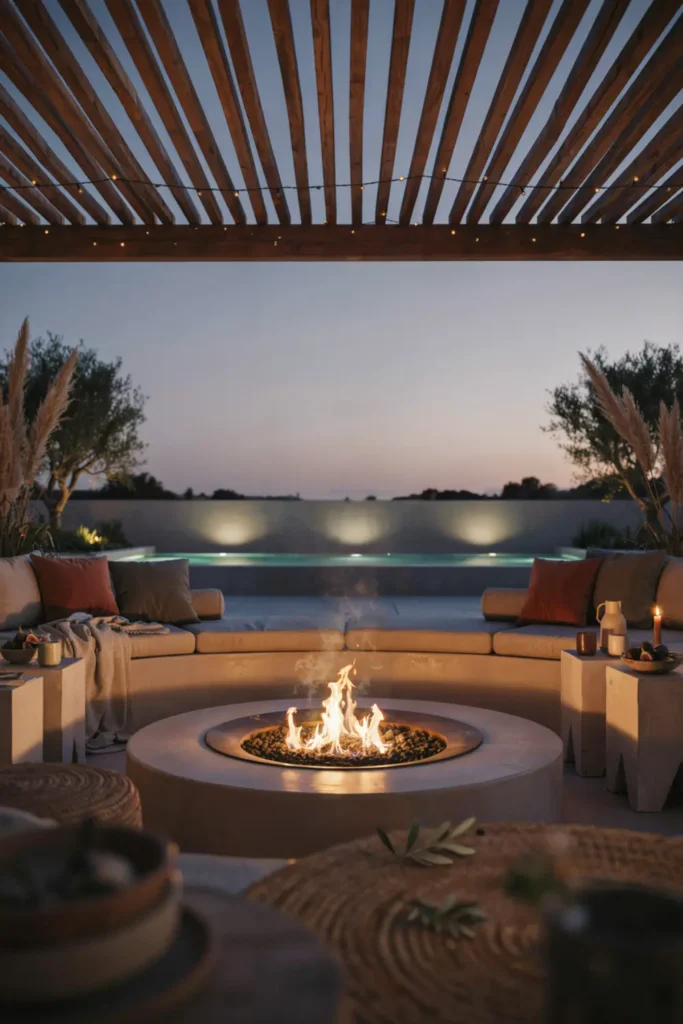  Open-air pool pavilion featuring a cozy sunken fire pit lounge at twilight.