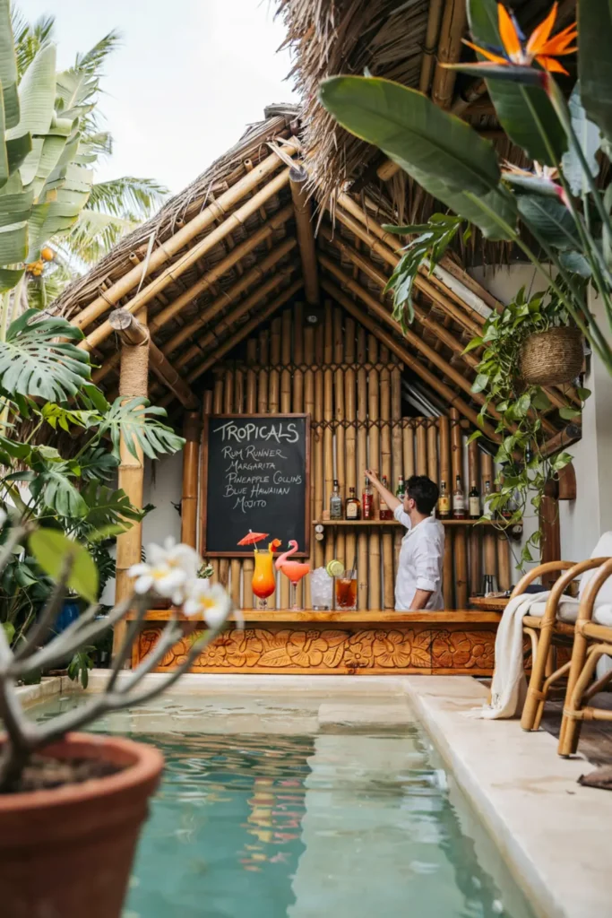 Tropical tiki bar style pool house with bamboo accents, cocktails, and lush greenery.
