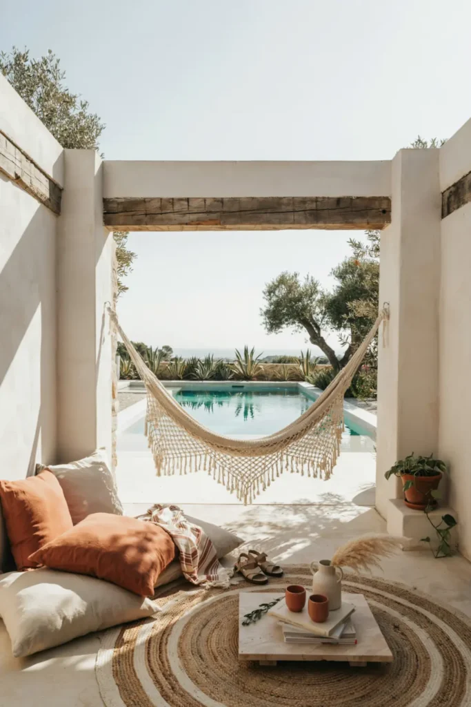 Boho chic pool house with macrame hammock, floor cushions, and earthy decor.