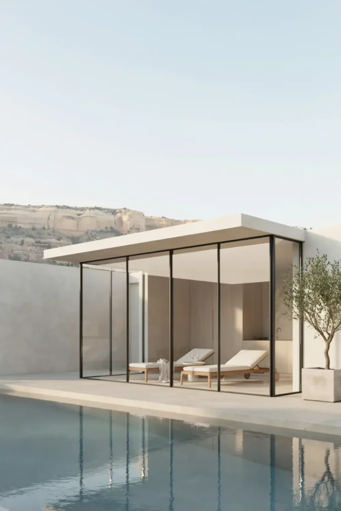  Minimalist glass box pool pavilion with black steel framing and white loungers.