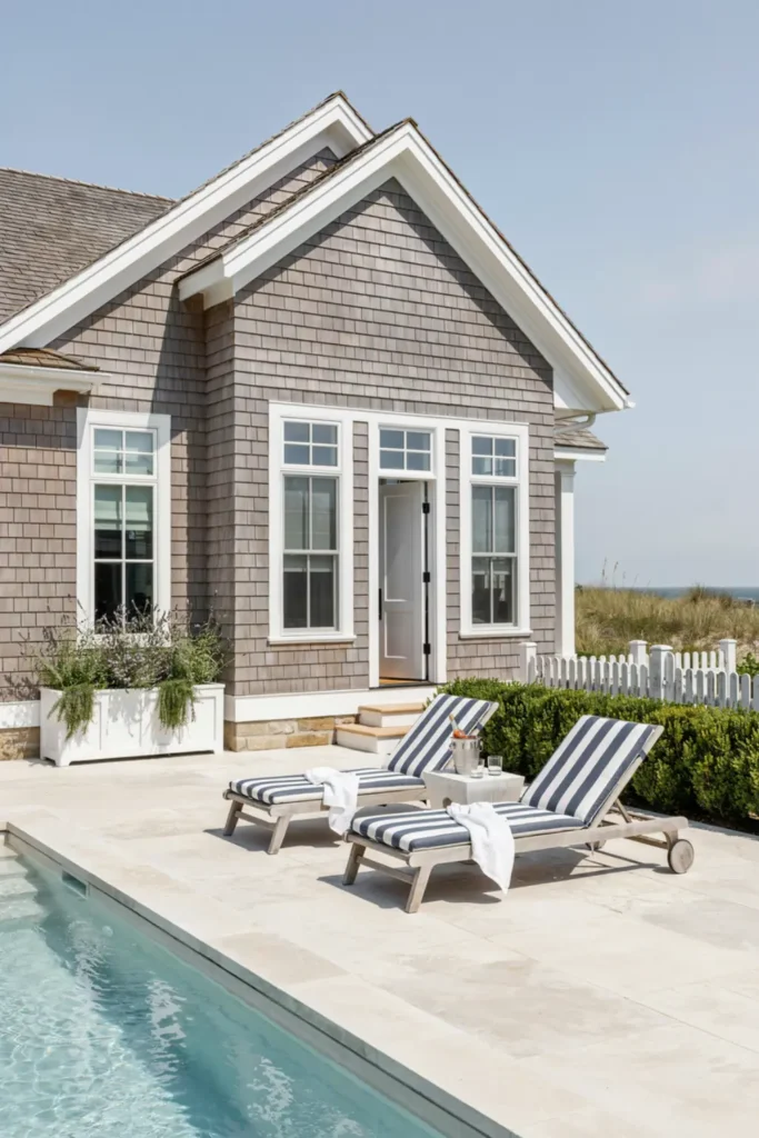  Coastal Hampton style pool house with navy striped loungers and cedar shingles.