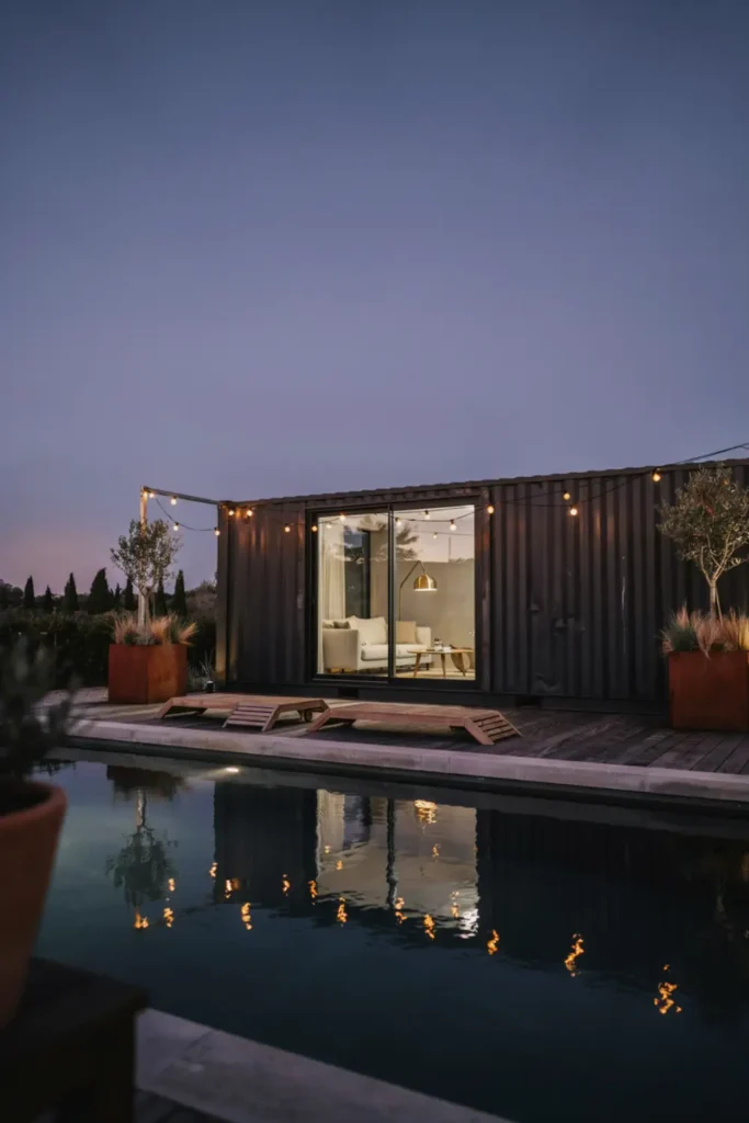 Modern industrial pool house made from a matte black shipping container with Edison lights.