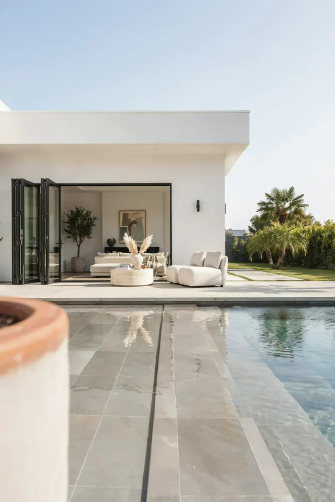  Modern pool house with open bi-fold doors creating seamless indoor-outdoor living.