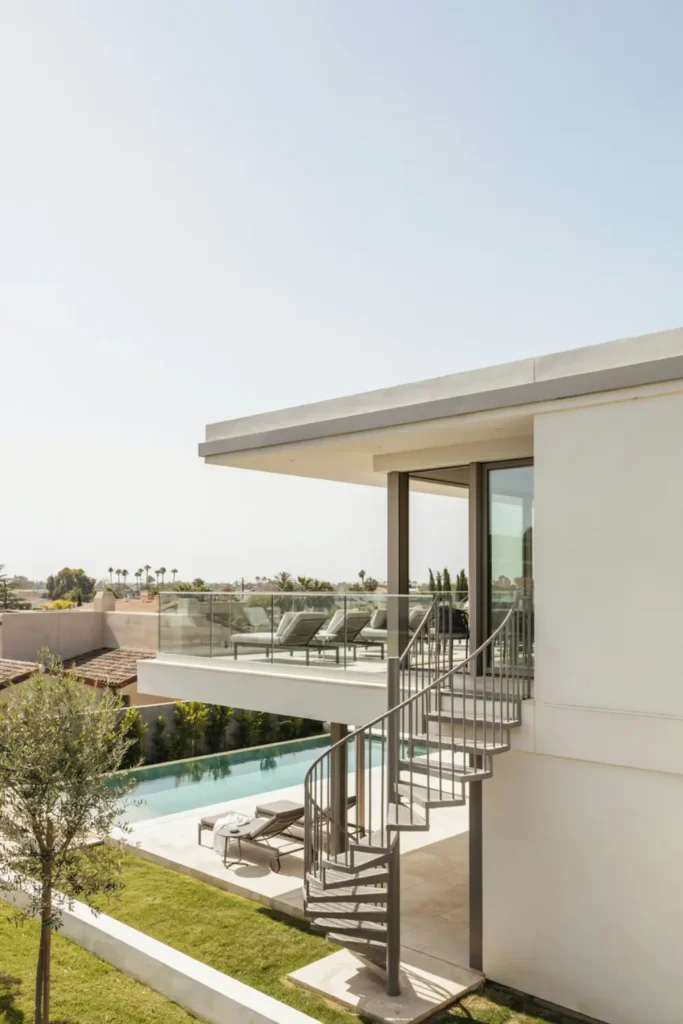  Modern pool house featuring a rooftop deck with spiral staircase and glass railings.