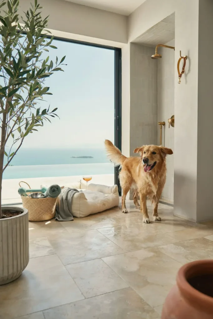 Pet-friendly pool house with dog washing station, shaded pet bed, and tiled flooring.