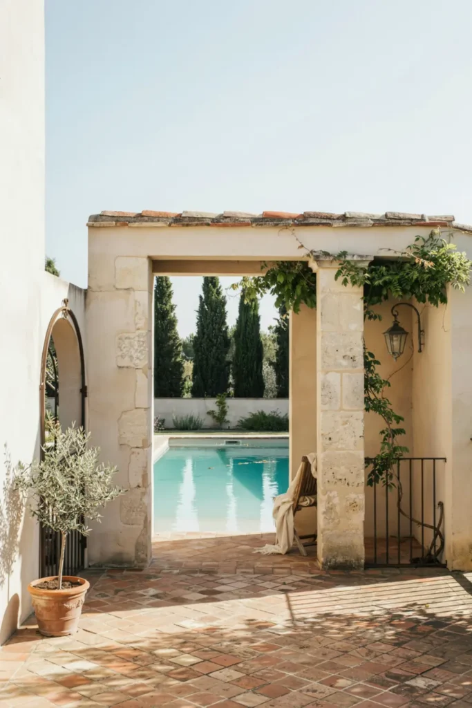 French Country style pool pavilion with stone pillars, wrought iron details, and ivy.