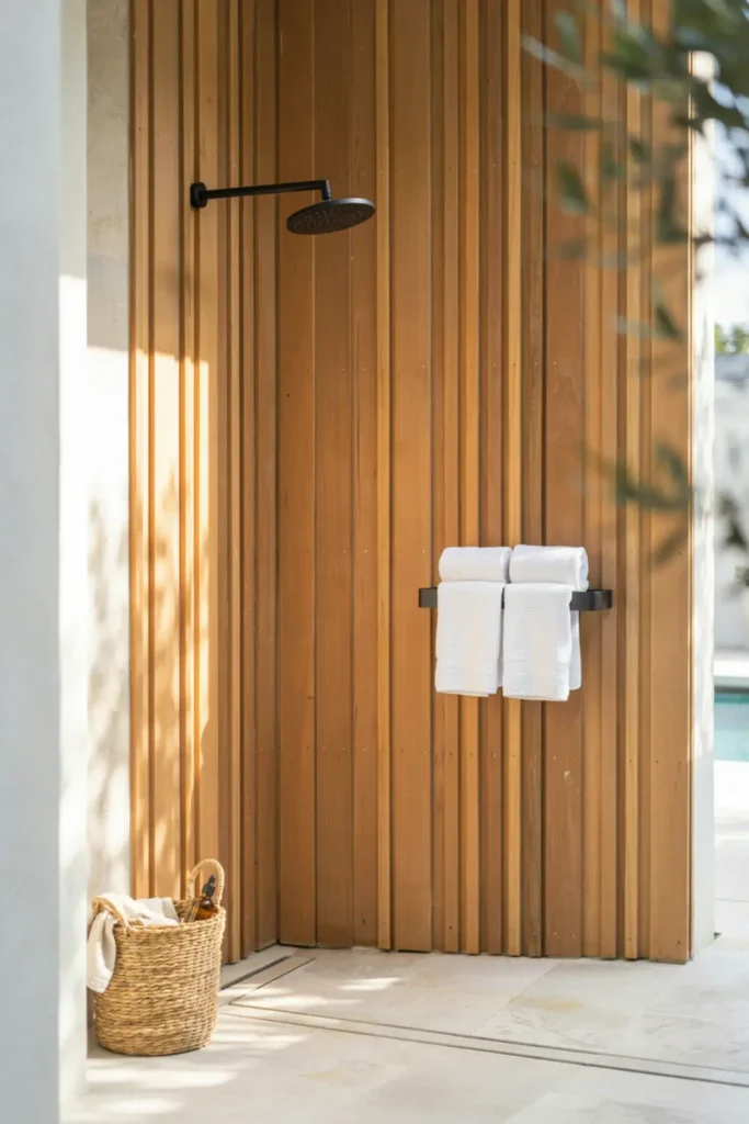 Modern pool house outdoor shower with rainfall showerhead and slatted wood privacy wall
