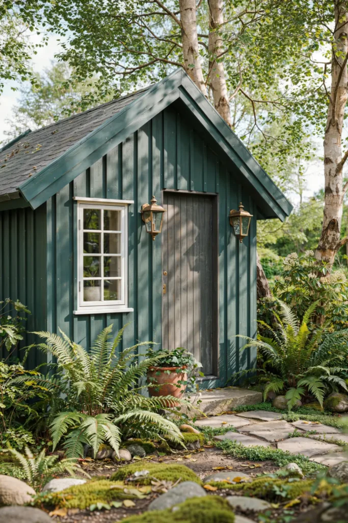 Dark green painted wooden summer house.