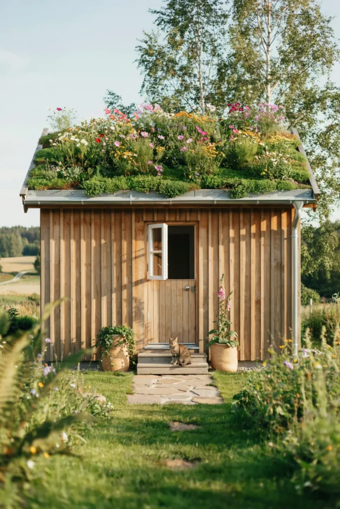 Summer house with a green sedum roof.