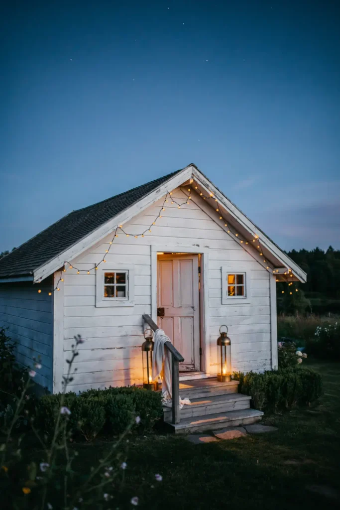 Summer house lit up with fairy lights at dusk.