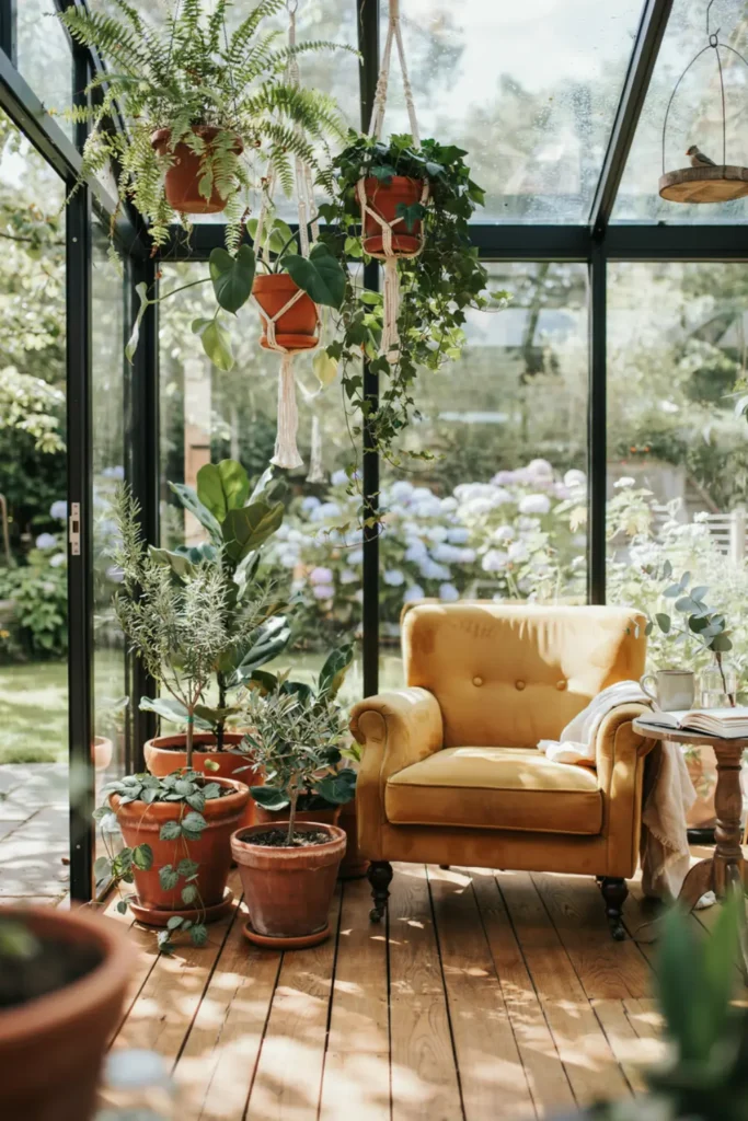 Glass greenhouse style summer house filled with plants.
