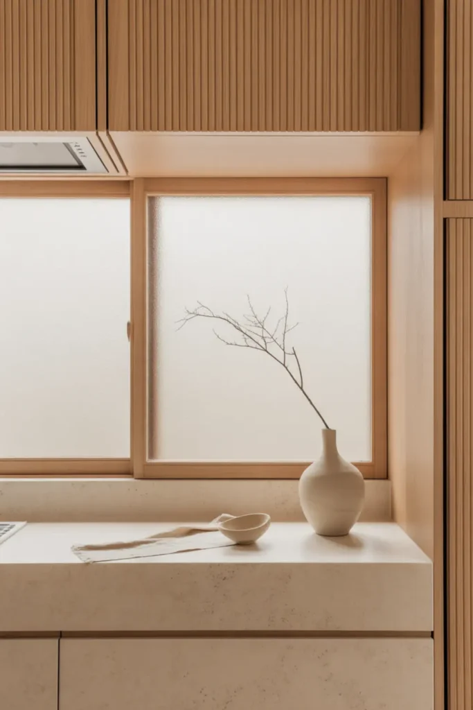 Japandi style aesthetic kitchen with warm wood slat cabinets, beige stone countertops, and a ceramic vase.