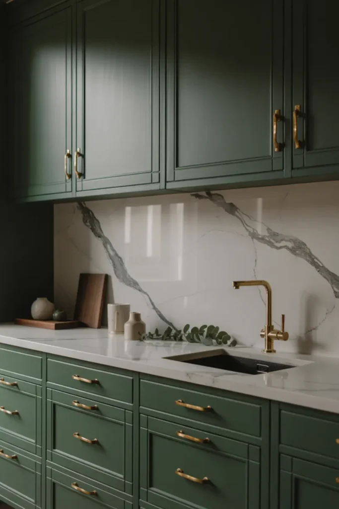  Moody forest green kitchen cabinets paired with unlacquered brass hardware and marble backsplash.