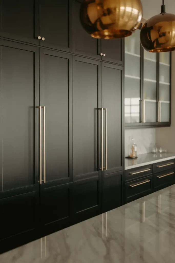  Matte black kitchen cabinets accented with brass lighting and hardware.