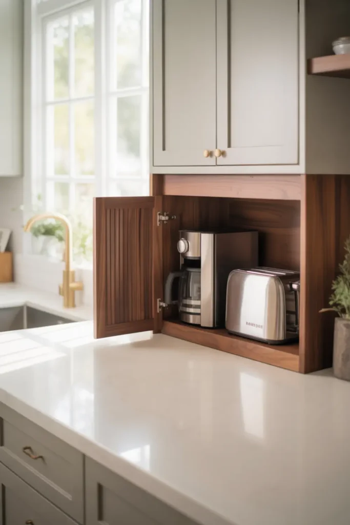 Hidden appliance garage cabinet concealing small kitchen appliances.