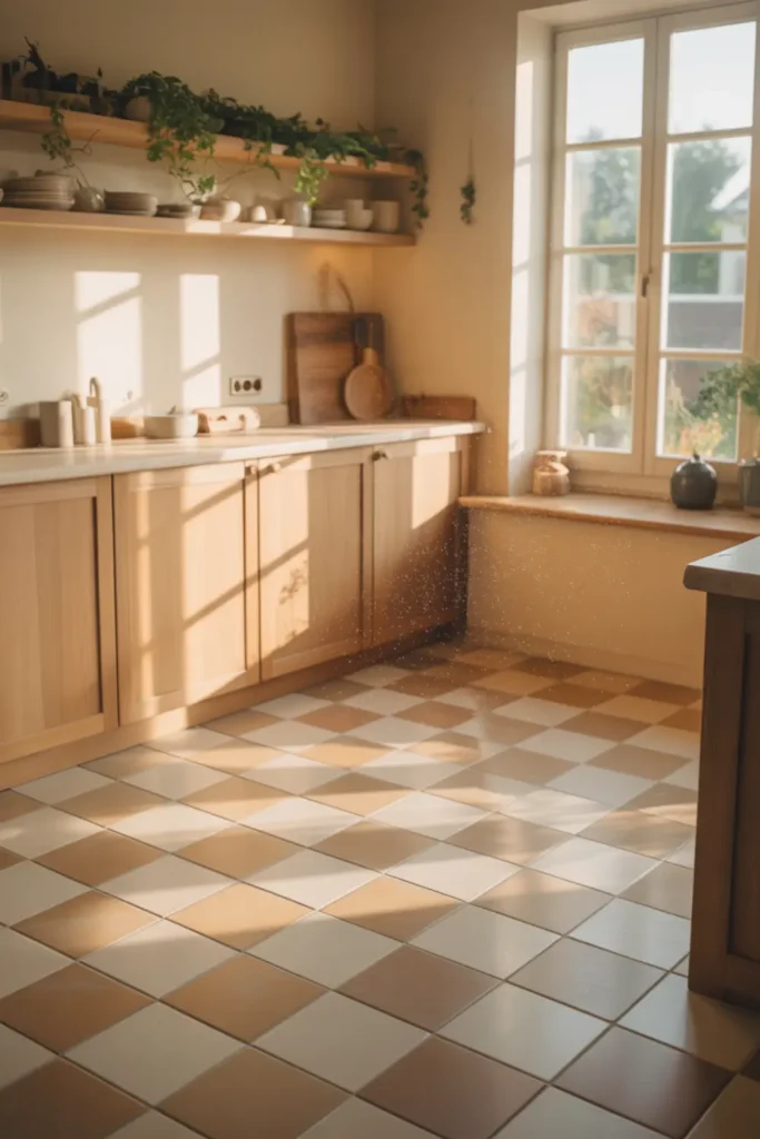 Soft beige and white checkerboard kitchen floor tiles with light wood cabinetry.