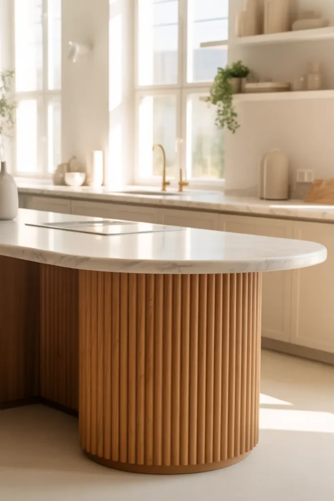 Curved organic modern kitchen island with fluted wood base and marble top.
