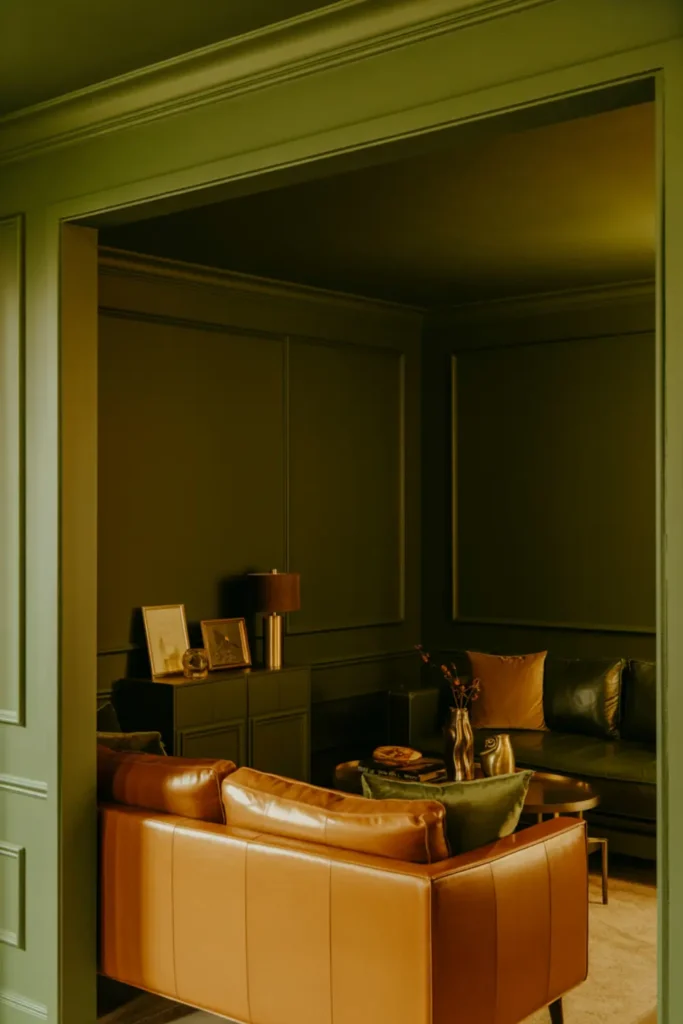 Color drenched olive green family room with leather sofa.