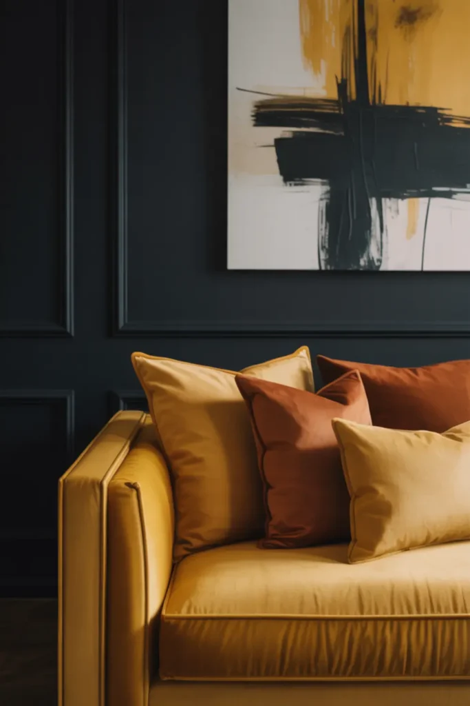Dark charcoal accent wall with a mustard yellow sofa